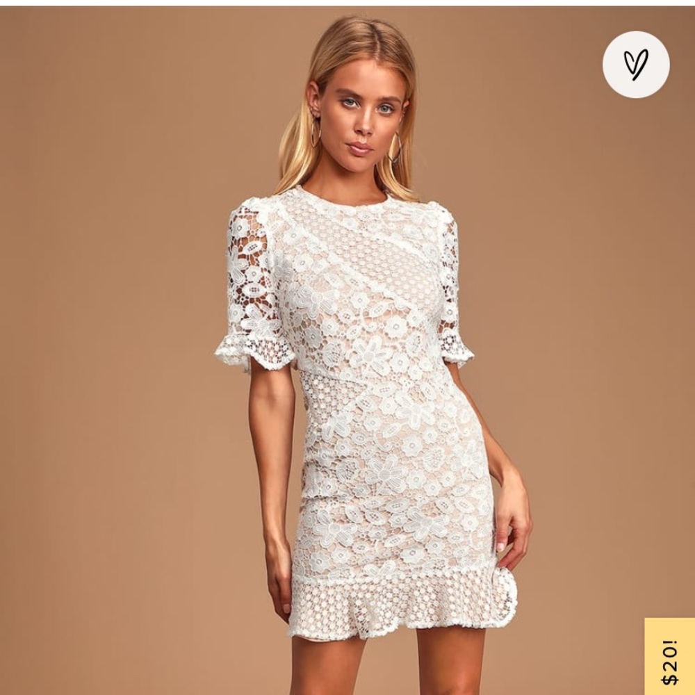 Lulu My Dearest White Lace Short Sleeve Mini Dress